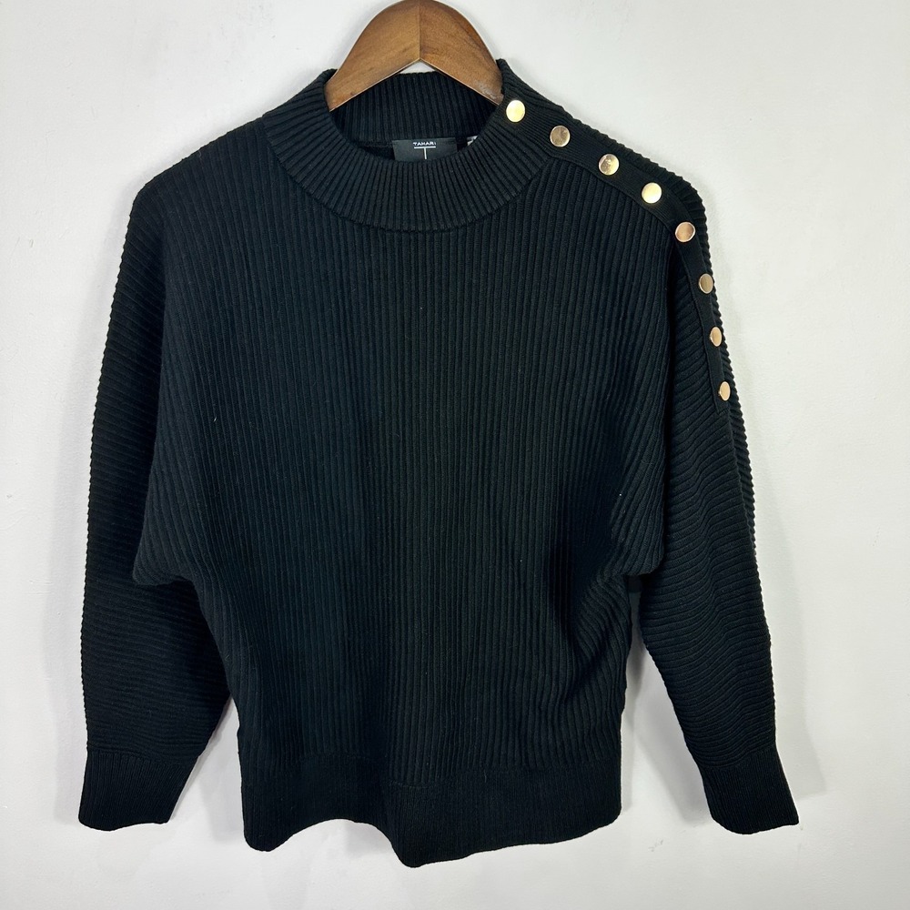 T Tahari Black Ribbed Button Shoulder‎ Sweater S Minimalist Quiet Luxury Chic